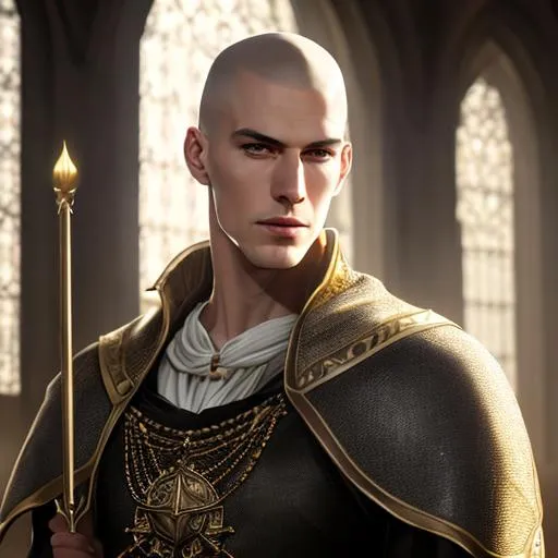 Prompt: fantasy, medieval, Tall man, slender, with pale yellow skin and brown eyes, and a shaved head, With a spear on his back, UHD, 8k, high quality, ultra quality, perfect composition, trending art, trending on artstation, sharp focus, studio photo, intricate details, cinematic lighting, special effects, hyper realism, hyper realistic, oil painting, Very detailed, high detailed face, high detailed eyes, full body, full view of character, portrait