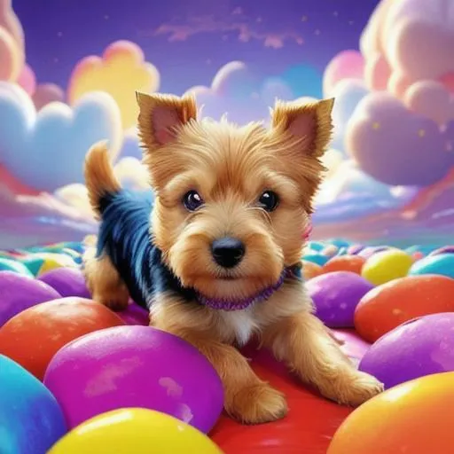 Prompt: ((Australian terrier dog)),  Candy Coma, surrounded by colorful candy clouds, Dreamy, Surreal, playful lighting, Highly detailed, Digital painting, Artstation, Concept art, Smooth, Sharp focus, art by davor bakara and nate hallinan and armand serrano and brittney lee