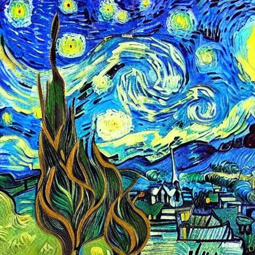 Prompt: Create a mix of 5-6 Van gogh paintings in one