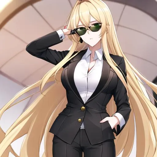 Prompt: Kazumi 1female. Long Blonde hair that stops at her shoulders. Sharp and lively green eyes. Wearing a  sleek and stylish ensemble, with a tailored blazer, crisp button-up shirt, and fashionable trousers. UHD, close up, black stylish sunglasses on her head