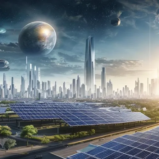 Prompt: futuristic, hyper realistic degree view of a solar paneled city