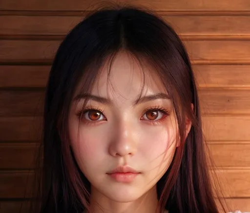 Prompt: Closeup face portrait of a woman in the image, smooth soft skin, big dreamy eyes, beautiful intricate colored hair, symmetrical, anime wide eyes, red color eye iris, soft lighting, detailed face, long thin face shape, Asian woman, thin eyebrow,  broad shoulder, make it look like AESPA'S Karina, heavy lower lips, long hair