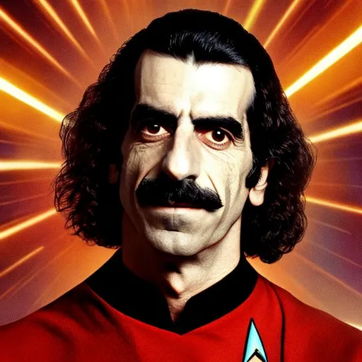 Prompt: A portrait of Frank Zappa, wearing a Starfleet uniform, with a Star Trek background, in the style of the "Star Trek: The Wrath of Kahn."