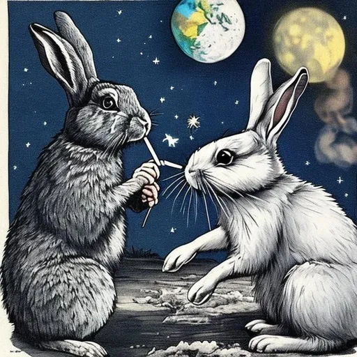 Prompt: The moon sits and smokes a cigarette while looking at the earth, and a rabbit looks at it from the side