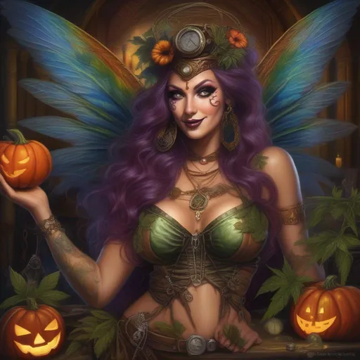 Prompt:  ((Wide angle)). ((Hyper real painting)). Halloween night.  Shes a ((colorful)), steam punk, belly dancer, Witch. A ((spectacular)), winged, Cannabis fairy. ((An extremely beautiful)), buxom,  shapely woman with, ((Anatomically real hands)), and ((vivid)), ((colorful)), ((extremely, bright eyes)),  wearing a skimpy, ((colorful)), ((gossamer)), ((flowing outfit)).  ((high res detailed illustration)). ((Sony a7 IV)). ((Cinematic)). ((Epic)). ((Concept art)). ((Manuka render)). 