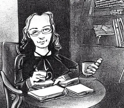 Prompt: a historical surrealist sketch of a sociologist relaxing with coffee at the office with all of her smart books