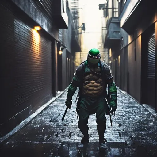 Prompt: Lone teenage mutant Ninja turtle with black mask in dark alley in the rain