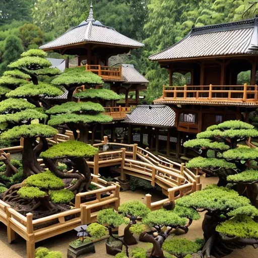 Prompt: large wooden zoo with bonsai trees and waterfalls

