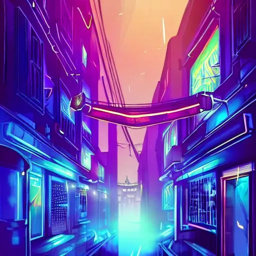 Prompt: asian city incredibly narrow dark back alley at night, neon signs, mist,  heavy rain, powerline chaos, high buildings, vector art, blue, purple, dark, moody, chillhop cover art, chinese lanterns, light garland