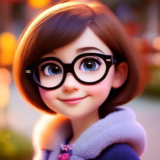 Prompt: Disney, Pixar art style, CGI, Girl with small round chubby face, dark almond shaped eyes, extremely pale face, Short  dark brown hair, glasses, cartoon