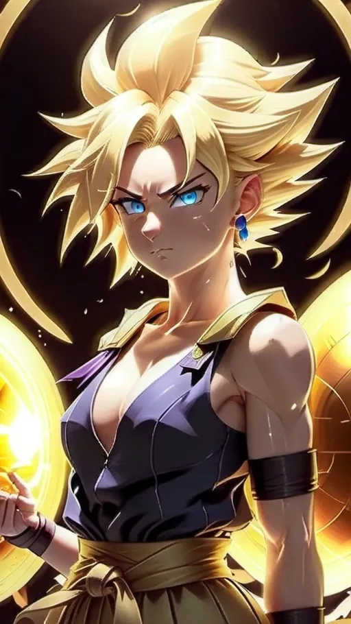 Prompt: Blonde woman with blue eyes, frowning, wearing Victorian outfit, solo, super saiyan, detailed earrings, intense gaze, dragon ball super style, cool tones, anime, detailed hair, highres, ultra-detailed, Victorian, super saiyan, detailed eyes, professional, atmospheric lighting