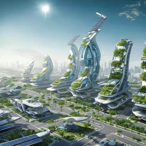Prompt: a futuristic city, crazy building structures, solar paneled, well-planned, greenery