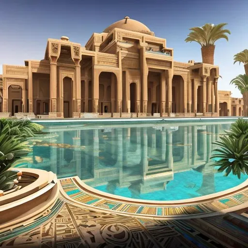 Prompt: A palace with pharaonic design mixed with modernity, it has a swimming pool and green land, and in front of it is a car inspired by the drawings and inscriptions of the ancient Egyptian civilization