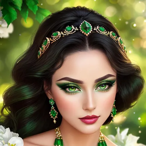 Prompt: an emerald lady, feminine elegant princess ,  dark hair, large green eyes, wearing jewels in her hair,  beautiful makeup, green eyeshadow eyeshow natural color lipsticklipstick, facial closeup