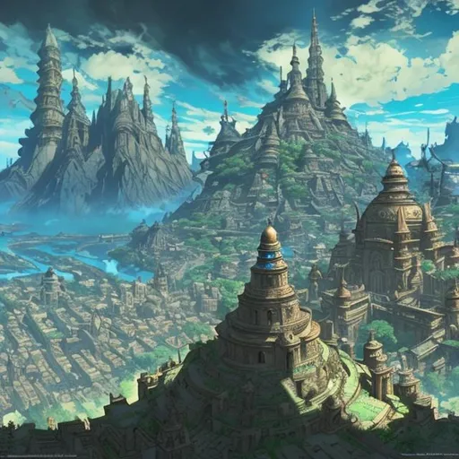Prompt: an enormous labyrinth, beautiful architecture, statues, highly detailed carvings, atmosphere, dramatic lighting, epic composition, close up, low angle, wide angle, by miyazaki, nausicaa ghibli, breath of the wild