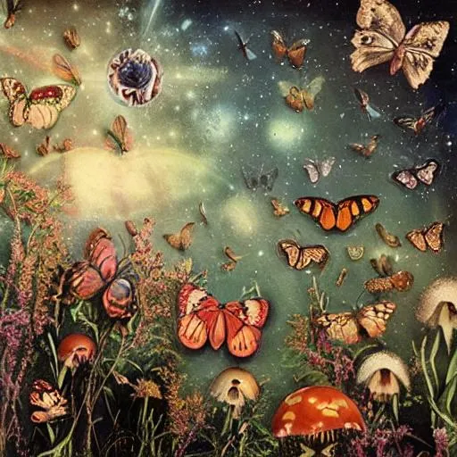 Prompt: hyperrealist, vintage photo, butterflies, insects, flowers, mushrooms, galaxies, moon