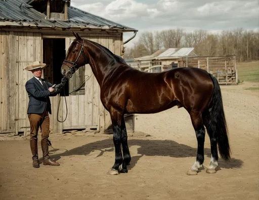 Prompt: portrait of a man with an Orlov Trotter horse, symetric face