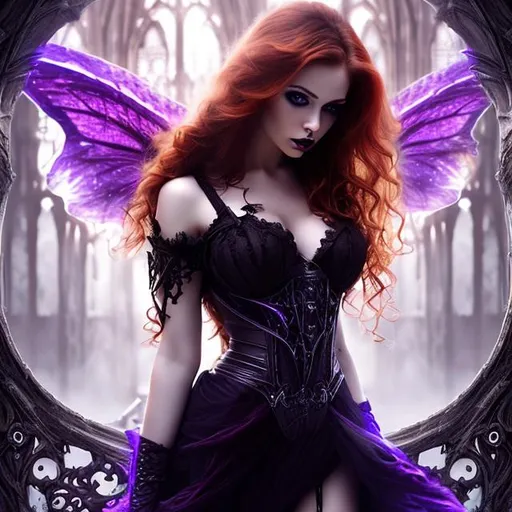 Prompt: HD 4K 3D Stunning, magic, cinematic potrait of gothic nymph, long, curly redhead hair, purple light, sunstrails, perfect female beauty, intricate, pale traslucent skin, magic, rich black dress, ethereal, stunning, gorgeous body, gorgeous eyes