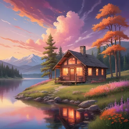 Prompt: A serene landscape with rolling hills under a vibrant sunset. The sky is painted with hues of orange, pink, and purple, reflecting off a calm, crystal-clear lake in the foreground. The scene is dotted with wildflowers in various colors, and a few majestic trees with sprawling branches. A small wooden cabin with a cozy, inviting aura sits near the lake, with smoke gently rising from its chimney. The atmosphere is peaceful and tranquil, evoking a sense of calm and natural beauty.