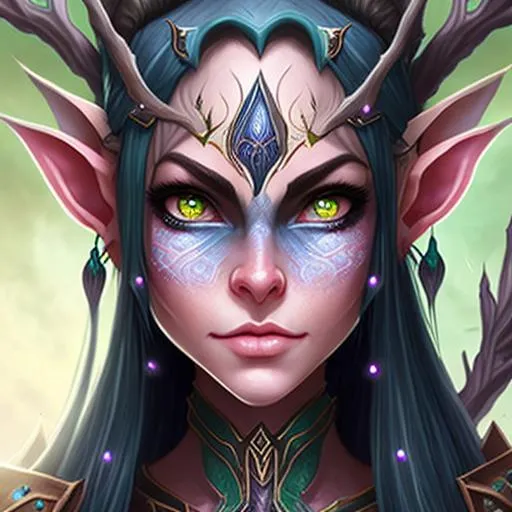 Prompt: full portrait of a hexblood elf woman with dark brown hair, with periwinkle blue skin covered in faint magical tattoos, green eyes, 1 set of symmetrical elf ears, with small simple brown wooden twigs growing from her temples, super detailed, hyperrealistic, trending art, trending on artstation, highly detailed, perfect composition, by greg rutkowski, intricate details, HD, fantasy, simple background