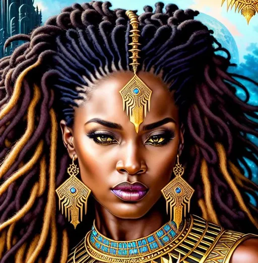 Prompt: Insanely detailed Closeup of a gorgeous black panther human female in a throne room, african features, long flowing dreadlocs, beautiful eyes, wolf fangs, Rococo, hyperdetailed, delicate; Royo, Bagshaw, Chevrier, Lou Xaz, Ferri, Kaluta, Minguez, Mucha, Simon Dewey, WLOP, Greg Olsen, Artgerm, cinematic, 8k