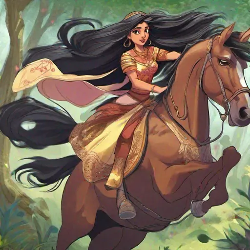 Prompt: An Indian Disney princesses horse riding and long hair flurtting in wind and she is in very dangerous forest 