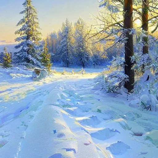 Prompt: Landscape, snow, beautiful artwork by Peder Mork Monsted, hdr, uhd, 64k