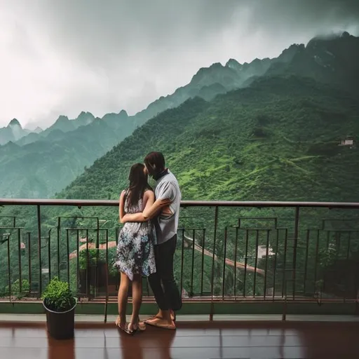 Prompt: create a landscape of couple who seeing mountain from her balcony in rainy days
