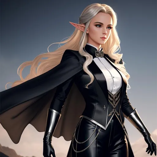 Prompt: Blonde, Black and silver tuxedo, elegant clothes, white shirt, black vest, black pants, Gloves, Small cape, long pointed ears, Oil painting, Chiaroscuro, landscape, UHD, 8K, highly detailed, panned out view of the character, visible full body, a hyperdetailed mage elven woman, hyperdetailed long hair, masterpiece, hyperdetailed full body, hyperdetailed feminine attractive face and nose, complete body view, ((hyperdetailed eyes)), perfect body, perfect anatomy, beautifully detailed face, alluring smile, ((fantasy_gown1.3)), small chest