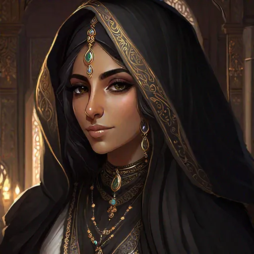 Prompt: A Persian woman in noble dress.
She wears a black dress and a light veil on her face. Well draw face. Detailed. Rpg art. Magic the gathering art. 2d 