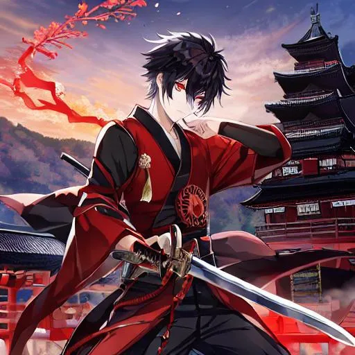 Prompt: A boy with black hair, red eyes, and holding a sword in Japanese castle, surrounded by mountains, high fantasy, epic, digital art