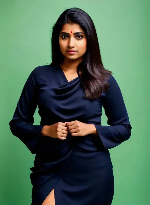Prompt: Medium shot  Tilt-shift Indian Women in the studio for news reading, Straight face,no ornaments,high resolution 4k,Anchor for current affairs program, formal dress code,
EF 70mm Canon