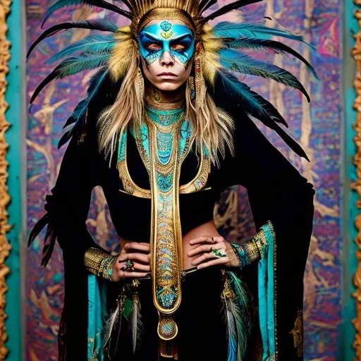 Prompt: cara delevigne, pharoah, turquoise robe with gold leaf, blue, green, gold, facepaint, black face tattoos, indian head dress, feathers