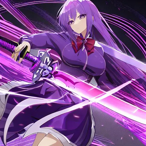 Prompt: Anime girl purple hair sword glitch 20 swords


