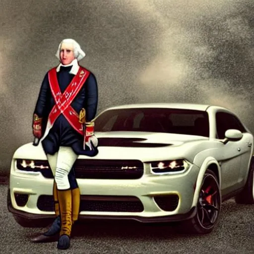 Prompt: george washington in a dodge hellcat
