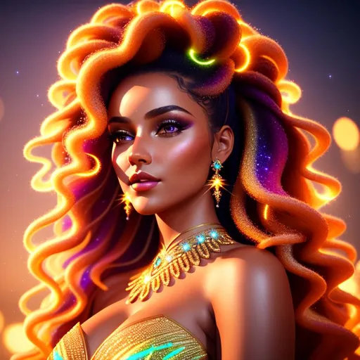 Prompt: Beautiful girl, ((deep tan skin)), ((wearing intricate gown)) ((long bright multi coloured galaxy curly hair)), glowing, trails of light, wisps, soft white skin, slight sparkles, unreal engine 8k octane, 3d lightning, stellar, quartz, luminous, fantasy