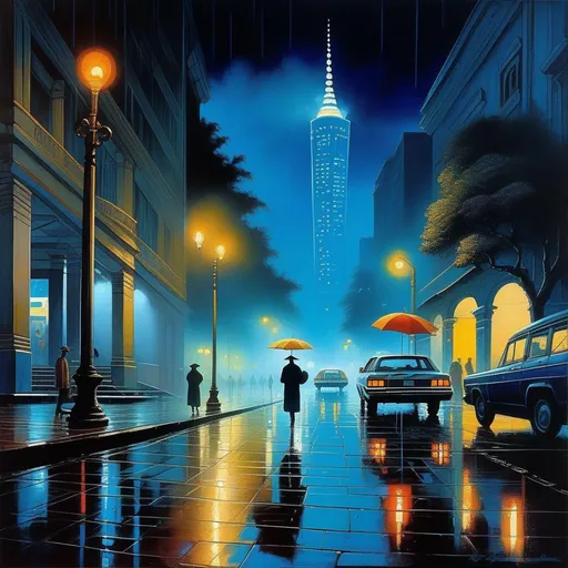 Prompt: 1980s, downtown São Paulo at night, creepy, rain, fog, cold blue atmosphere, cartoony style, extremely detailed painting by Greg Rutkowski and by Henry Justice Ford and by Steve Henderson 

