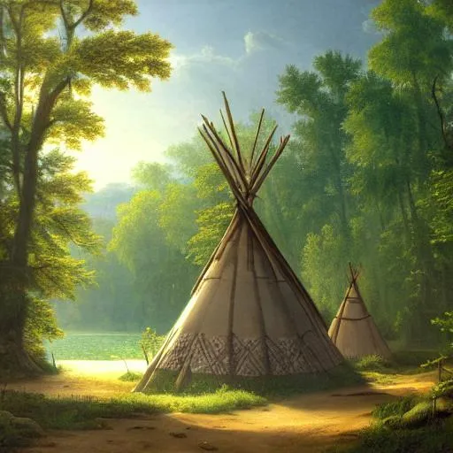 Prompt: a lovely trail with two native american teepees 1800s era, next to a blue-green pond, in a beautiful forest, as painted by asher brown, durand and darek zabrocki, volumetric lighting, god rays, masterpiece, trending on artstation