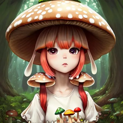 Prompt: Detailed portrait of cute mushroom, mushroom dress, unique design, by Yun Taek Oh, fine details, anime, very cute face, beautiful colorful eyes, forest background, perfect, 8k high detail, intricate, sharp focus, masterpiece, trending on artstation