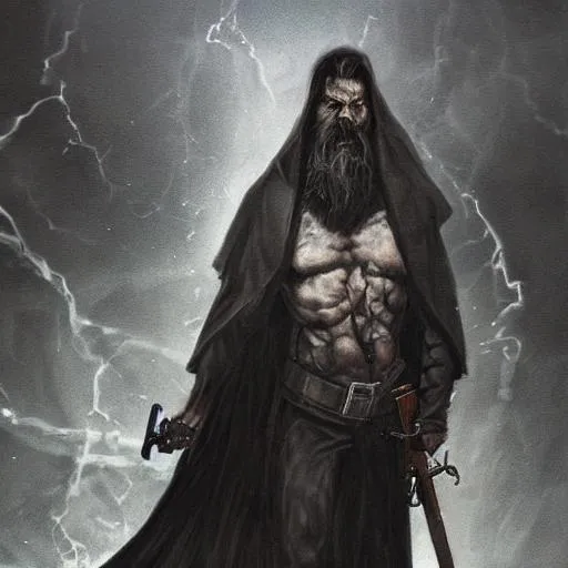 Prompt: portait, hyper realistic, of a man, wielding a large grim reaper scythe, beard, white eyes, rugged skin, with a dark city background cyber punk, with death stare, white and dark hair, going into battle, raining