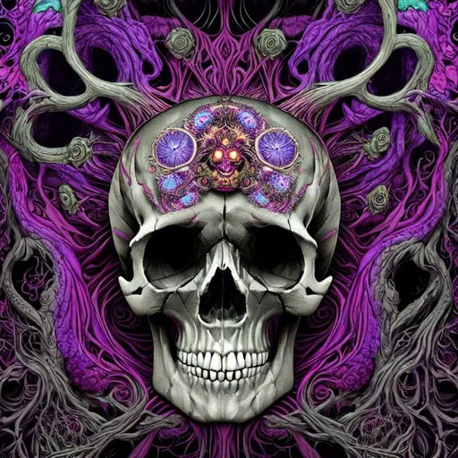 Prompt: "A skull, captured in a psychedelic and dreamlike style. The skull is covered in vibrant roots and surreal colors, with intricate and bizarre patterns across its surface. The skull has a sense of inner darkness and mystery, with eyes that seem to peer into the viewer's soul. The background is filled with strange and eerie patterns that suggest a sense of otherwordly weirdness. The skull is not only beautiful but also unsettling and bizarre, capturing the essence of psychedelic art through its intricate and intense design. The skull is a symbol of mortality and the cycle of life, representing the fact that everything in this world is temporary and that everything has an end."