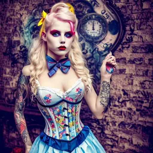 Prompt:  Very Beautiful Tattooed Alice in Wonderland blonde hair Neon blue/red/yellow/white corset, leg garters, cinematic, ultra definition, Perfect processing, UDH, sharp, Halloween-themed, ultra-realistic, enhanced focus, vivid color, 