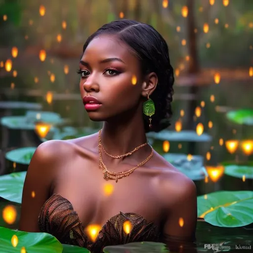 Prompt: professional modeling photo Tiana as live action human woman hd hyper realistic beautiful black woman brown hair brown skin brown eyes beautiful face green gown and jewelry and tiara enchanting bayou at night hd background with live action realistic Louisiana swamp with fireflies and lilypads and frogs