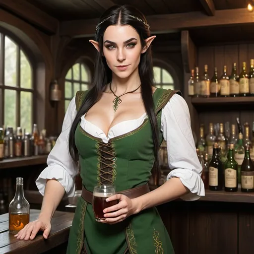 Prompt: Elven barmaid at work, walking and serving with dark hair