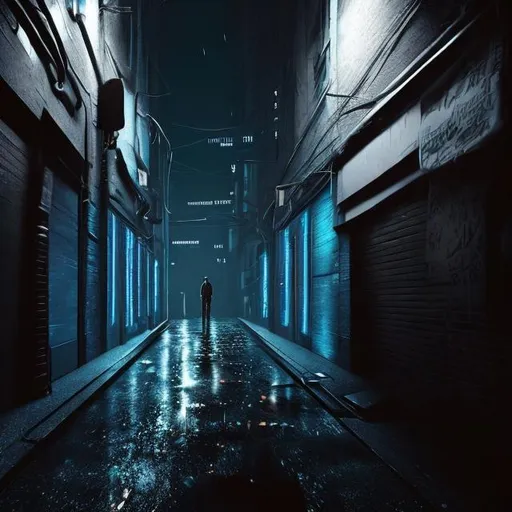 Prompt: Floor POV of an dark alley way with two walls the rise outside of the image in dystopian cyber punk city, the walls and the floor wet from rain falling. The surrounding lights above the image reflect a light into the alleyway.  A man walking away into the dark alley wearing a hoodie and jeans with a blue glow emitting from his front. As he is looking down on the ground with his head turned to the side giving a side look it reveals him wearing a mask up to his nose.