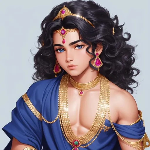 Prompt: A 10 year old cute boy skin color dark blue, black wide eyes, straight dark eyebrows, long lips like rose petals, no shirt robes like ancient Indian prince, Golden large Indian stylish neckless which is decorated by gold and emerald and rubies and it bright, large Indian ancient time's golden flowing ear-rings in ears, curly hair, the hair reach the shoulders, simple peacock feather crown on head which has 3 big peacock feathers exact middle of the crown, there are divine lights around the boy.

A golden crown on boy's head it has a real 3 pecock feathers. Sitting under a wide peepal tree