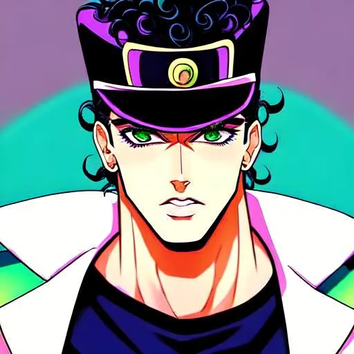 Prompt: Young man, well-built man, He has dark hair that constantly blends with his hat, a strong jaw, bold eyebrows, and green eyes, jojo styles, jotaro kujo, medium shot