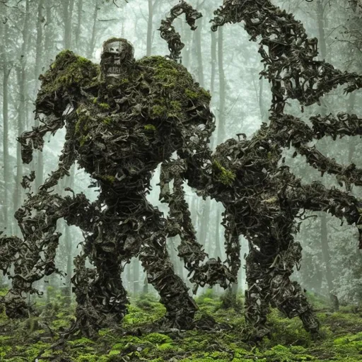 Prompt: Old metallic golem, dirty and with moss all over its body