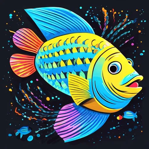 Prompt: painting of a fish on a black background, a digital painting, by Jason Benjamin, shutterstock, colorful vector illustration, mixed media style illustration, epic full color illustration, mascot illustration