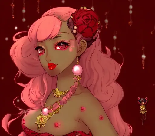 Prompt: baby pink hair, black girl, red rose in hair, sultry red eyeshadow, red eyes, white pearl necklace, red lips, belly dancer rpg.